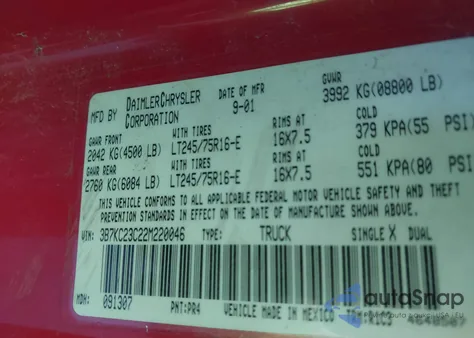 2002 Dodge Ram 2500 St z USA, uszkodzony, nr VIN 3B7KC23C22M220046